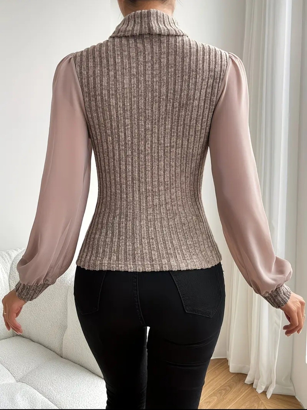 🩷 NWOT Ribbed TurtlenecK Top with Blush Puff Sleeves - Picture 2 of 6